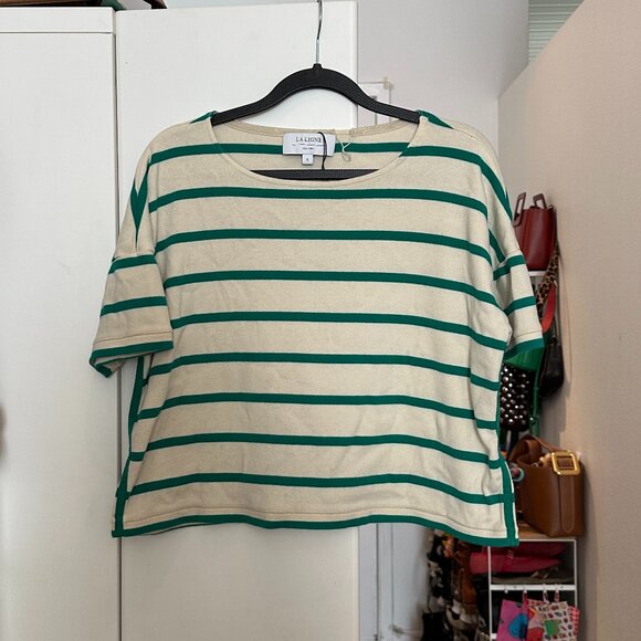 La Ligne Short Sleeve Breton Tee Green/Ecru Striped Size Small - Picture 3 of 6